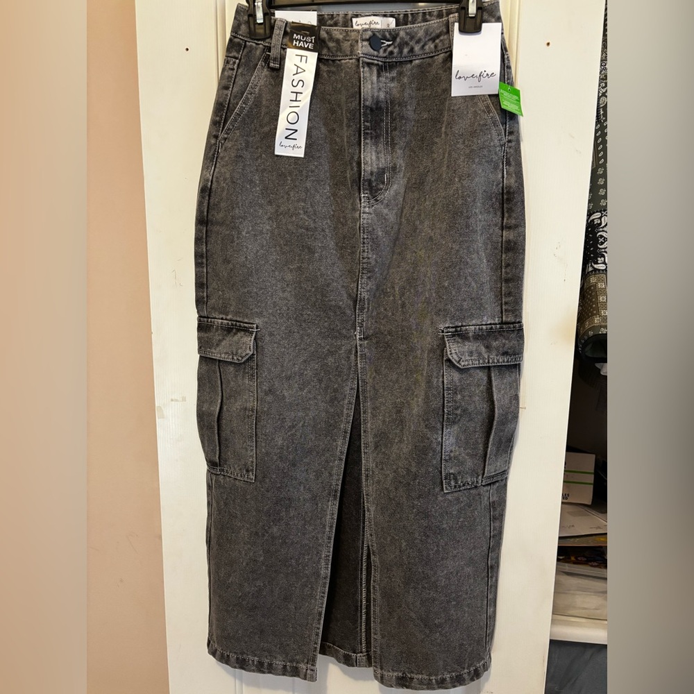 love, Fire Gray Denim Midi Skirt